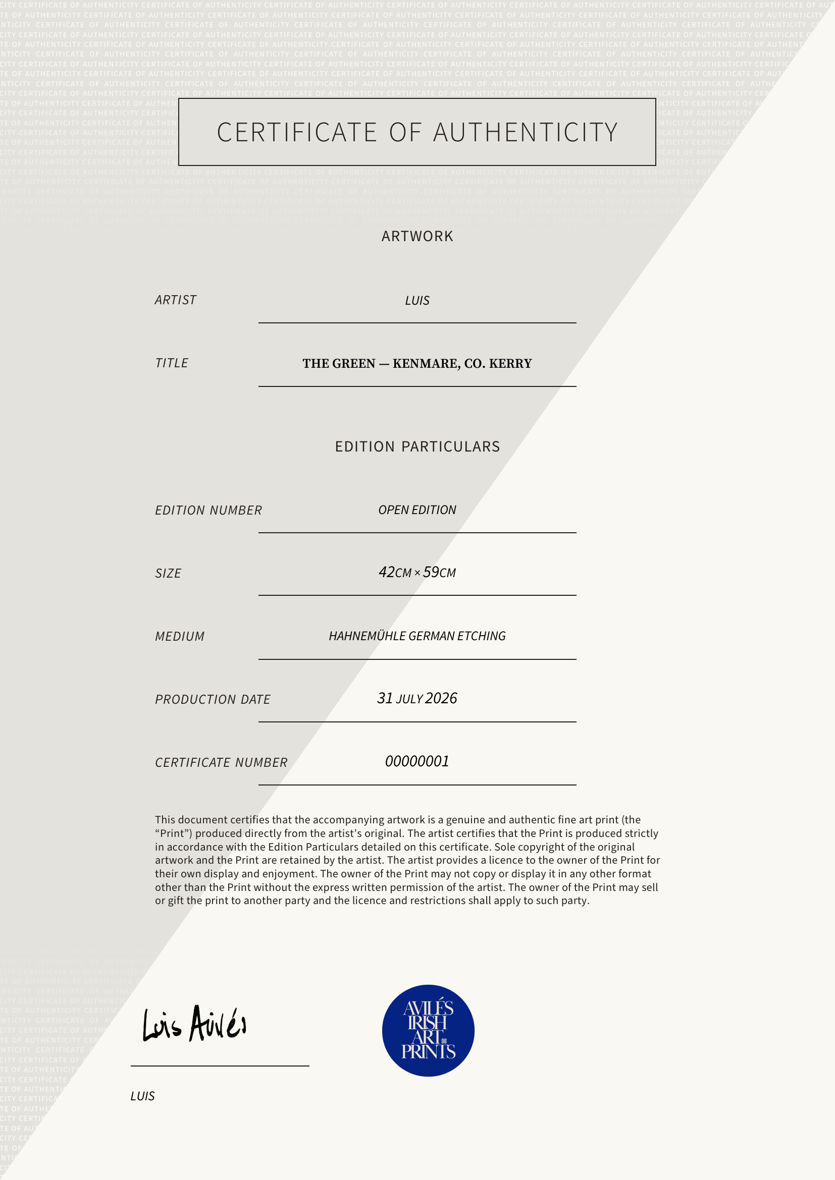 The Green — Kenmare, Co. Kerry — Certificate of Authenticity