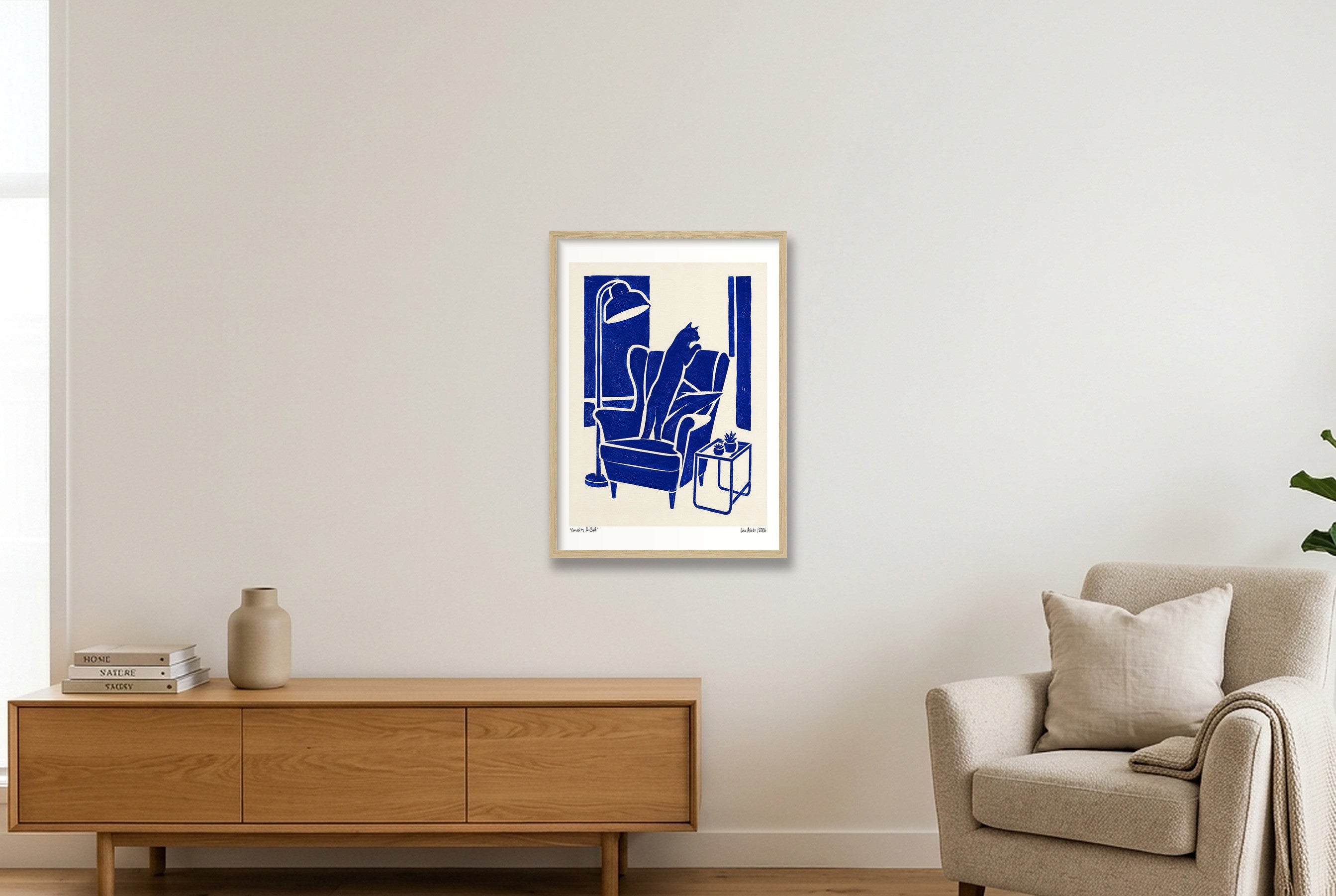 Cat in Cottage — 42×59cm, 17×23" Oak Frame