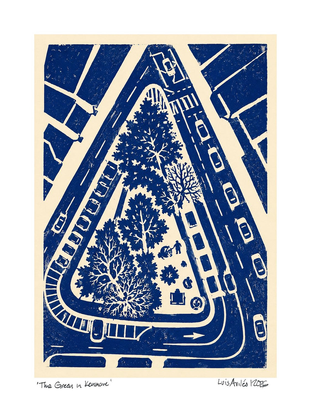 Giclée art print showing an aerial view of The Green in Kenmare, Co. Kerry, in deep blue and warm cream.