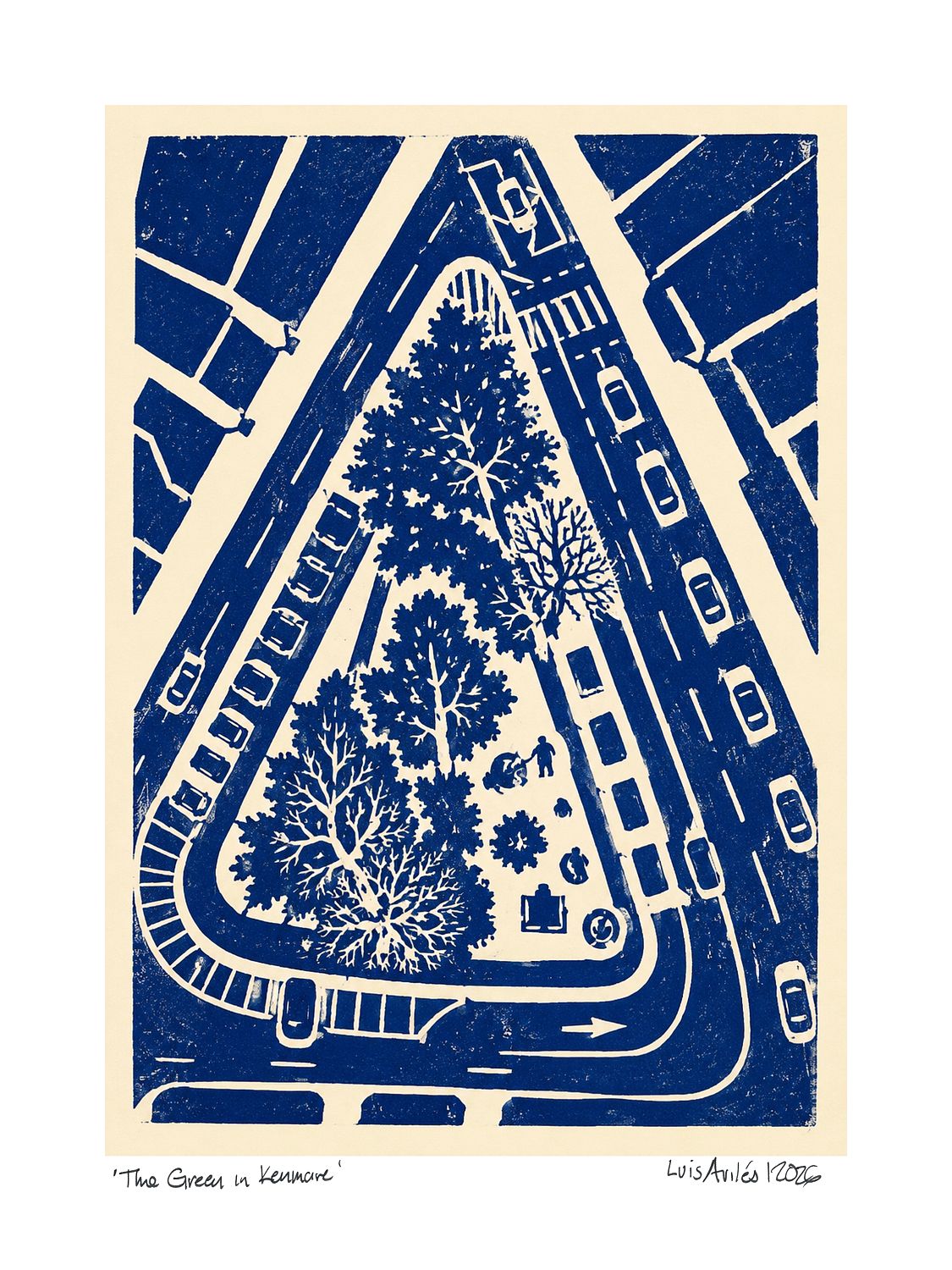 Giclée art print showing an aerial view of The Green in Kenmare, Co. Kerry, in deep blue and warm cream.